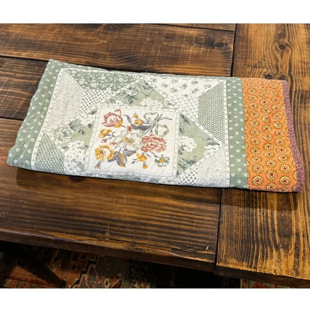 Vintage Patchwork Baby Quilt Blanket Floral Cottage Green Pink 39x41 Nursery